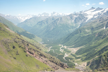 view of the main Caucasian ridge from the slopes of the highest peak in Europe, Mount Elbrus