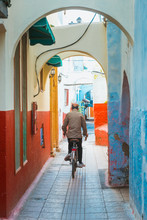 Small streets in blue and white in the kasbah of the old city Rabat in Marocco on a sunny day