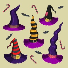 Halloween Set. Witch hats. Vector illustration.