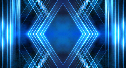 Abstract light tunnel, blue background, stage, portal with rays, neon lights and spotlights. Dark empty scene with neon. Symmetric reflection, perspective. 3D rendering.