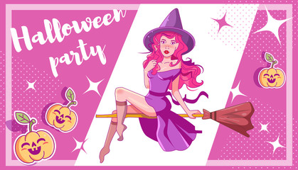 Flyer, poster, invitation card for Halloween Witch Vector. Cartoon. Isolated art on white background.