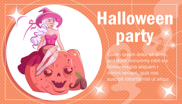 Flyer, poster, invitation card for Halloween Witch Vector. Cartoon. Isolated art on white background
