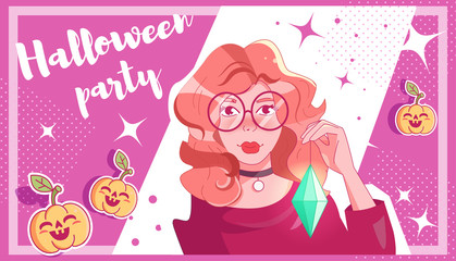 Flyer, poster, invitation card for Halloween Witch Vector. Cartoon. Isolated art on white background.