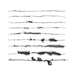 Set of nine vector hand created runny ink art brushes with transparent gradations of one color. See all of them on brushes panel. Ready to use. Easy to recolor.
