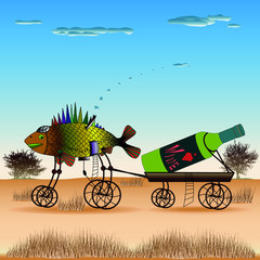 Fish is pulling a cart with a bottle of wine on the steppe. Vector illustration of paintings in the style of syurealizm Salvador Dali.
