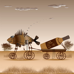 Fish is pulling a cart with a bottle of wine on the steppe. Illustration of paintings in the style...