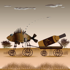 Fish is pulling a cart with a bottle of wine on the steppe. Vector illustration of paintings in the style of syurealizm Salvador Dali.