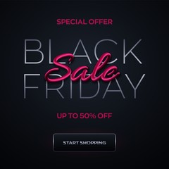 Black Friday Sale Banner. Realistic 3d lettering. Black Friday sale inscription label. Promotional marketing discount event. Design element for sale banners, posters, cards. Vector illustration.