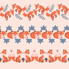 Autumn Red Fox Vector Seamless Horizontal Borders Set