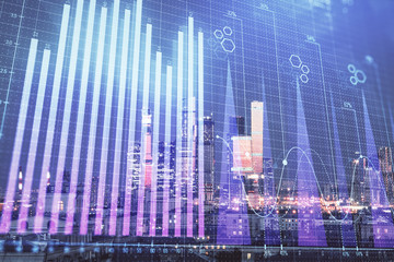 Fototapeta na wymiar Double exposure of financial chart on Moscow city downtown background. Concept of stock market analysis