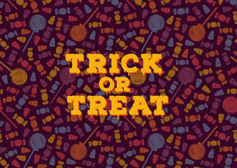 Happy Halloween greeting card. Trick or treat concept poster. Traditional holiday sweets pattern. Kids backdrop template
