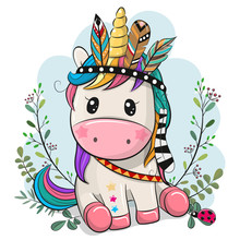 Cartoon Unicorn with feathers on a blue background