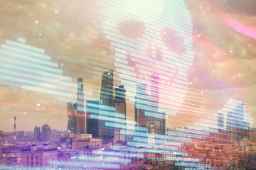Double exposure of hacking theme drawing hologram on cityscape background. Concept of data cyber piracy