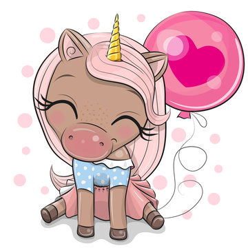 Cute Cartoon Unicorn with pink balloon