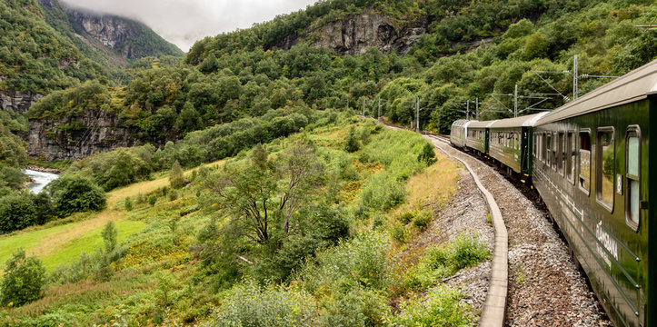 Flamsbana railroad track and train in Norway connecting Flam city and Myrdal station