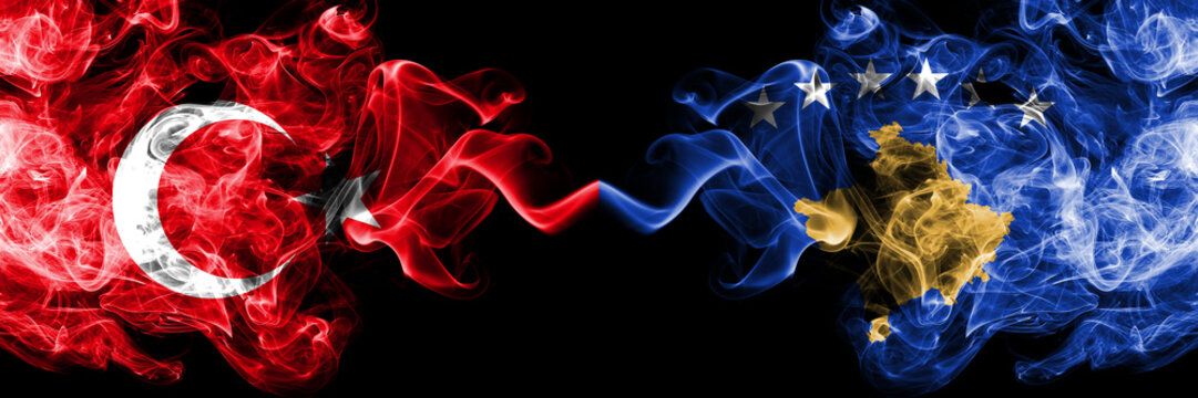 Turkey vs Kosovo, Serbia smoke flags placed side by side. Thick colored silky smoke flags of Turkish and Kosovo, Serbia