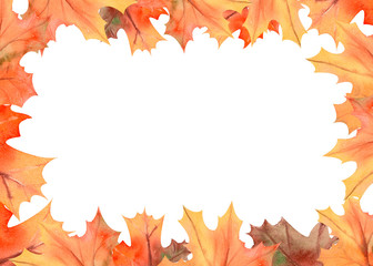 Frame with autumn leaves on white isolated background . Horizontal frame orientation . Watercolor compositions for the design of greeting cards or invitations.