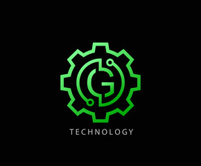 Letter G Gear technology vector logo template. This logo is suitable for factory, industrial, technology, website, digital, mechanic, wheel.