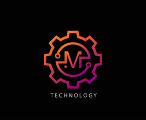 Letter M Gear technology vector logo template. This logo is suitable for factory, industrial, technology, website, digital, mechanic, wheel.