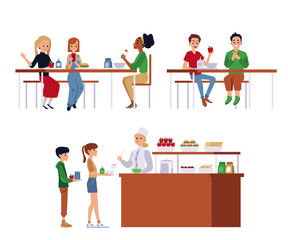 Set of situations in a school cafeteria, dining room or canteen.