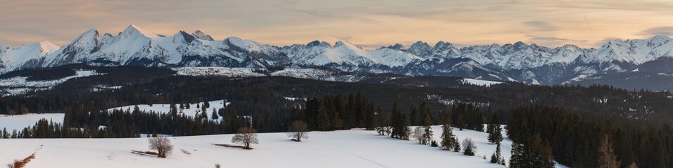 Polish Tatra Mountains in winter and snowy scenery.