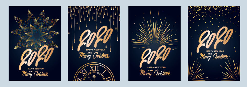 2020 new year. Fireworks, golden garlands, sparkling particles. Set of Christmas sparkling templates for holiday banners, flyers, cards, invitations, covers, posters. Vector illustration.
