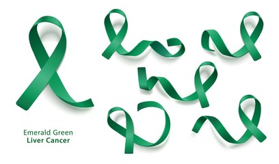 Set of emerald green curly ribbons and loops realistic style