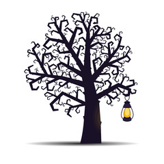 Gnarled Halloween tree with a lantern for the Halloween holiday. Vector illustration. - 295314382
