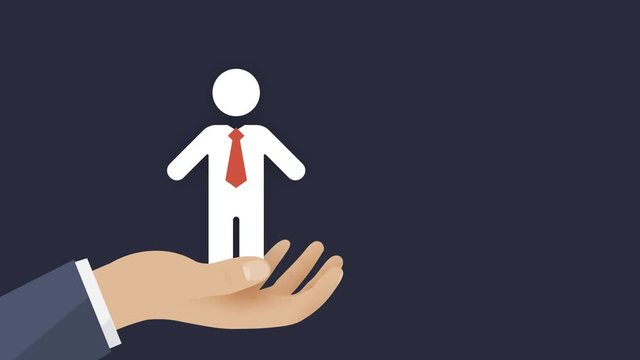 employee character on human hand - business concept searching human resources