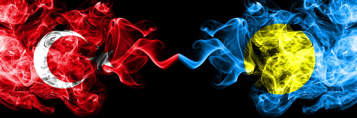 Turkey vs Palau, Palaulan smoke flags placed side by side. Thick colored silky smoke flags of Turkish and Palau, Palaulan