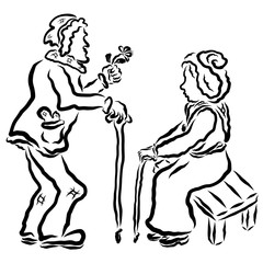 An elderly man gives an elderly woman a flower