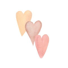 Hand painted gentle color watercolor hearts, perfect for Valentines Day or wedding. Suitable for package, paper, textile or fabric, print,poster.Contemporary art illustration