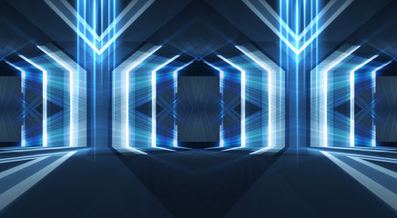 Abstract light tunnel, blue background, stage, portal with rays, neon lights and spotlights. Dark empty scene with neon. Symmetric reflection, perspective. 3D rendering.