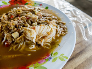 Thai vermicelli eaten with curry, Thai Food, rice vermicelli in rural resterent
