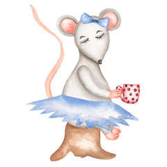 Little  Grey Mouse in a  red christmas hat and boots with Christmas candy. Cute cartoon Christmas animal rat or mouse. Watercolor illustration. Christmas and New Year card.