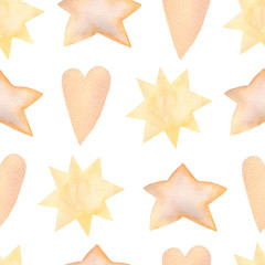 Abstract watercolor seamless pattern with hand painted heats,stars and sun . Nursery art illustration in trendy  style.Contemporary art