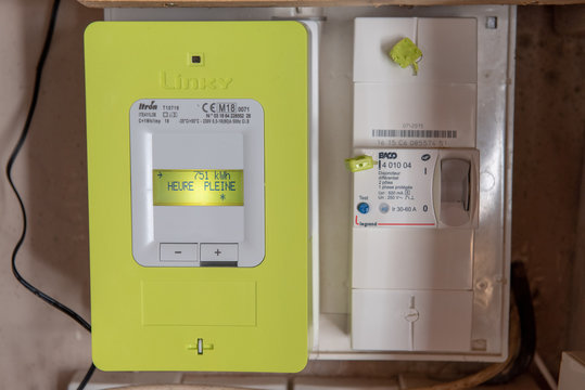 Paris, France - May  04, 2018 : New smart electric meter Linky from ERDF (Electricity Network Distribution France)