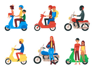 People riding motorcycle - flat cartoon set isolated on white background.