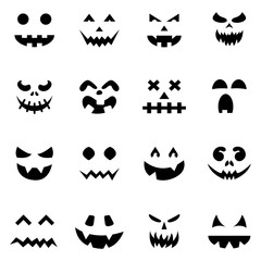 Fototapeta premium Set of pumpkin faces silhouette icons for Halloween isolated on white background. Scary pumpkin devil smile, spooky jack o lanter. Vector illustration for any design.