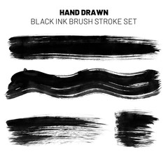 Set of black ink brush strokes different in style with stains and translucent white paper texture.