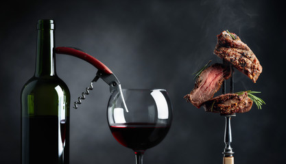 Beef steak with rosemary and red wine.