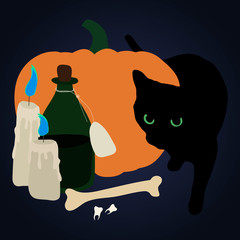 Vector illustration of black cat, pumpkin, potion, teeth, bone and candles