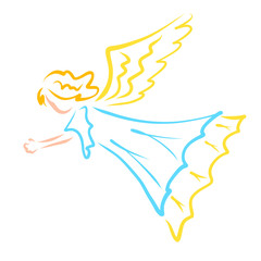 girl with wings or a flying angel in a blue dress