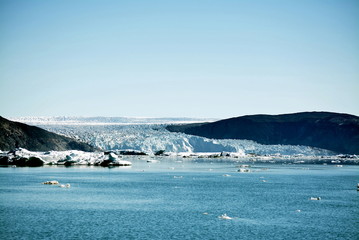 Disko Bay, Greenland - July - boat trip in the morning over the arctic sea - Baffin Bay - calving glacier eqi, world heritage, ice breaking of