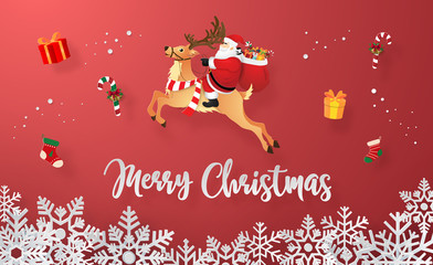 Origami paper art of Santa Claus with Christmas gifts, Merry Christmas and Happy New Year