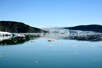 Disko Bay, Greenland - July - boat trip in the morning over the arctic sea - Baffin Bay - calving glacier eqi, world heritage, ice breaking of