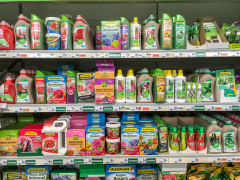 Paris, France - October 08, 2018 : Shelves with a variety of Herbicides in a french Hypermarket.