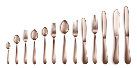 Set and collection of realistic cutlery in dark silver or bronze.