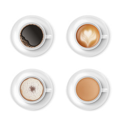 Cups and mugs with coffee, top view with espresso and cappuccino.
