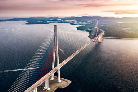 Fototapeta Aerial view of the Russky Bridge from Vladivostok city to Russky Island over the Strait of Eastern Bosphorus. Cable-stayed bridge in Primorsky Krai, Far East, Russia